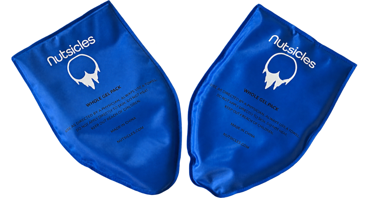 Two blue Nutsicles reusable ice pack underwear inserts