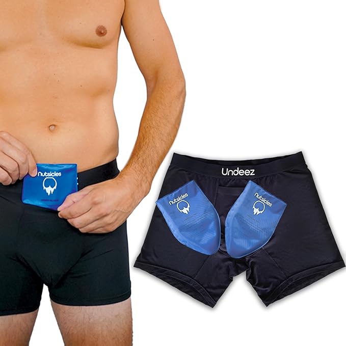 Undeez black recovery underwear with two blue Nutsicles gel packs
